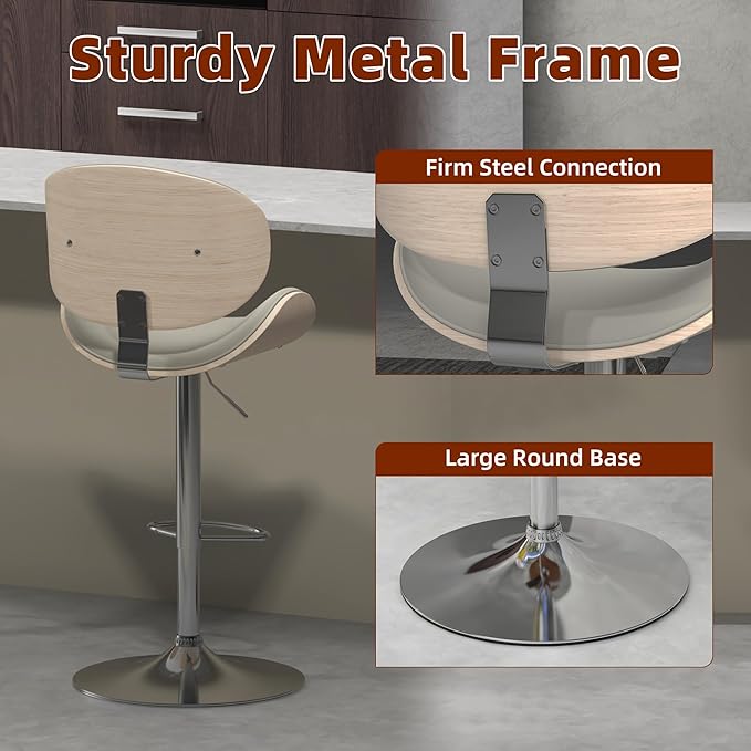 civama Bar Stools Set of 6 for Kitchen Counter, Adjustable Bar Height Chairs, Modern Swivel Barstools with Bentwood Seat and Back with Footrest for Kitchen Island, Dining Room, Grey PU Leather