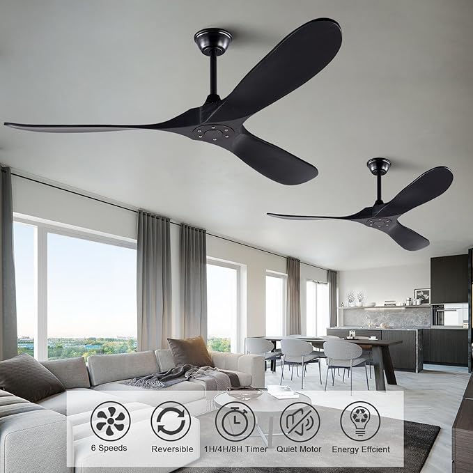 60 Inch Ceiling Fan without Light, Reversible DC Motor Wood Ceiling Fan with Remote Control, Black Modern Ceiling Fan no Light for Outdoor Indoor Living room Farmhouse Patios