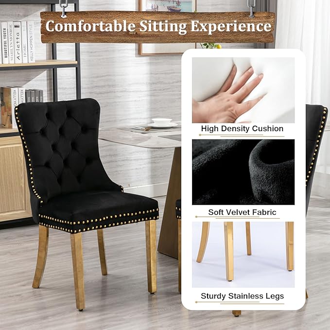 Goujxcy Round Dining Table Set for 6, Modern Glass Kitchen Table and Chairs Set of 6, 7-Piece Dining Room Table Set w/47 Circle Gold Glass Dining Table and 6 Upholstered Velvet Chairs