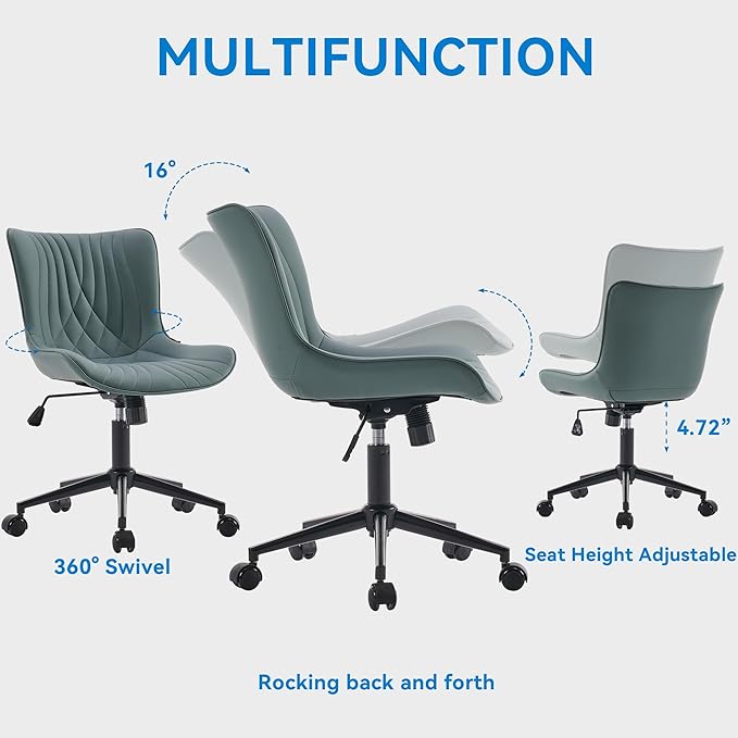 YOUNIKE Office Chair Armless Desk Chair with Wheels, Home Office Computer Task Chair, Modern Faux Leather Upholstered Vanity Chair, Adjustable Swivel Rolling Office Chairs, Slate Blue