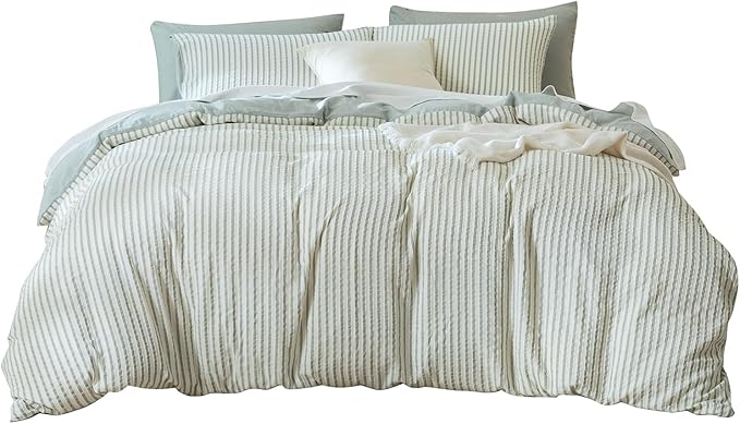 King Size Comforter Set Striped Soft Luxury Washed Microfiber Jacquard 3 Pieces Bedding, Grayish Green Vertical Ticking Stripes Pattern Comforter with 2 Pillowcases Breathable Durable Comfy