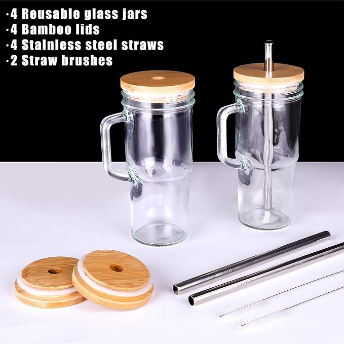 Glass Cups with Lids and Straws - 24oz glass tumbler with bamboo lids and straw Boba Cup