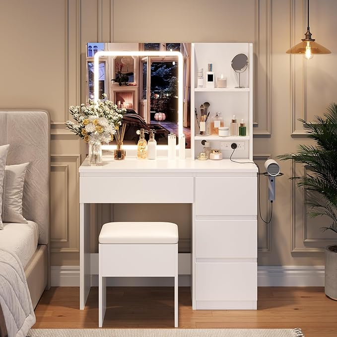 GarveeHome Vanity Desk with Mirror and Lights - Modern Makeup Dressing Table with Outlets, Storage Stool, 4 Drawers & Hair Dryer Holder - 3 Colors LED Vanity Mirror, Vanities for Bedroom, White