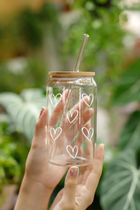 NewEleven Cute Glass Coffee Cups With Lids And Straw – Aesthetic Cups – Iced Coffee Cup, Coffees Tumbler – Christmas Gifts For Women, Friends, Coffees Lover - 16 Oz Coffee Glass