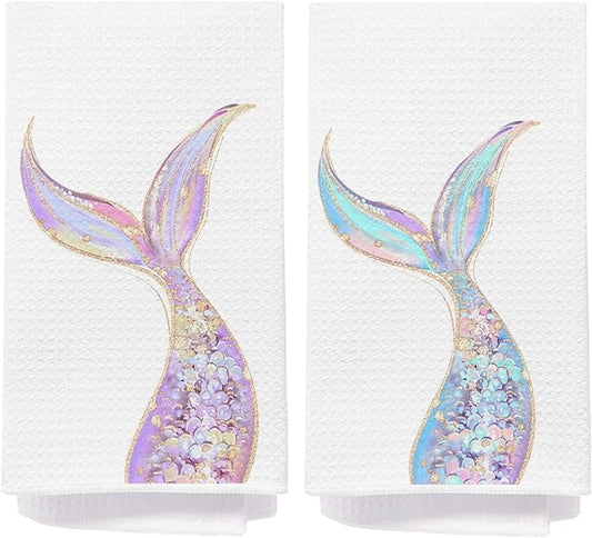 Mermaid Bathroom Hand Towels, Mermaid Gifts for Girls Bathroom Decor, Blue and Pink Mermaids Tail Decorative Hand Towels for Girls Bath Room Washroom Power Room, 16x24 Inch Set of 2