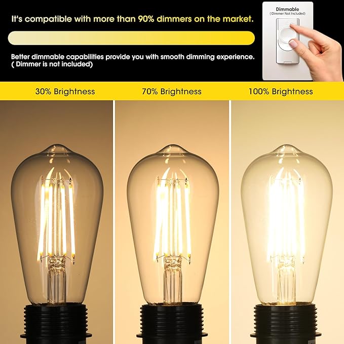 Vintage LED Edison Bulbs, 6W, Equivalent 60W, Dimmable, High Brightness Warm White 2700K, ST58 Antique LED Filament Bulbs with 90+ CRI, E26 Medium Base, Clear Glass, Pack of 16