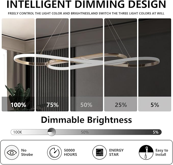 Modern Led Pendant Light for Kitchen Island Lighting Modern Gold Chandelier for Dining Room Light Fixture Over Table,Led Chandelier Light Fixture Height Adjusted (Electroplated Gold)