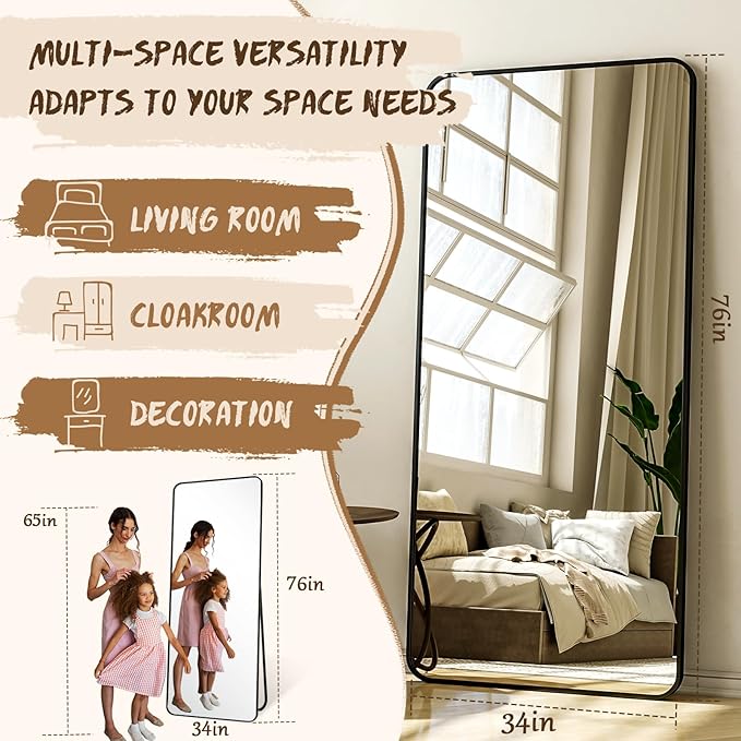76"x34" Floor Full Length Mirror Standing Full Body Rounded Corner Rectangle Mirrors with Stand Hanging Wall Mounted Leaning Bedroom Living Room Bedroom Cloakroom,Black