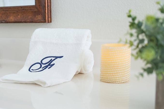 White Monogrammed Hand Towels for Bathroom - Luxury Hotel Quality Personalized Initial Embroidered Towel for Powder Room, Spa - GOTS Organic Certified - Pack of 2 Navy, Letter F