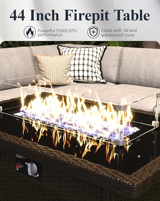 LayinSun 6-Piece Outdoor Modular Wicker Sectional Sofa with Fire Pit Table, Patio Furniture Conversation Set with Deep Seating and Thick Cushions