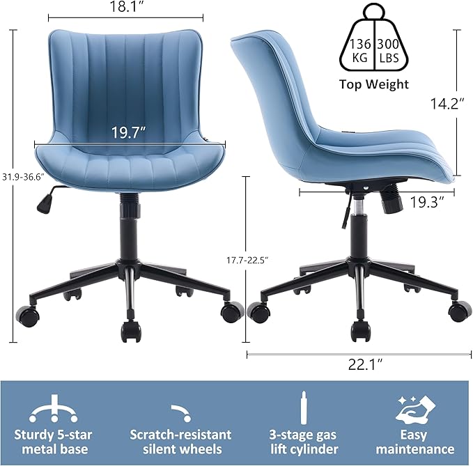 Kidol & Shellder Blue Leather Home Office Desk Chair with Wheels Modern Cute Armless Executive Swivel Vanity Chair with Comfy Padded Back Ergonomic Rolling Adjustable Computer Task Chair Small
