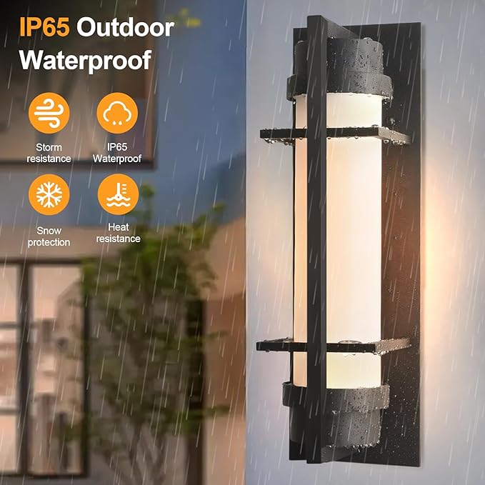 ALVIME Modern Outdoor Wall Sconce, 20 inch Matte Black Large Exterior Lighting Fixtures, Waterproof Outdoor Wall Light, Outside Sconce Lights for House, Entryway, Garage, E26 Base&Etched Opal Glass