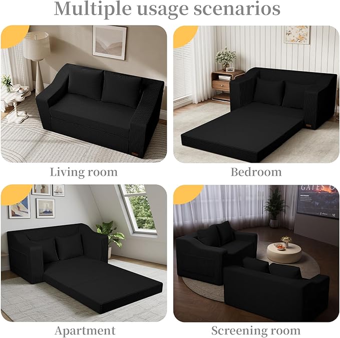 MeMoreCool Convertible Sofa Bed, Pull Out Loveseat Sofa Sleeper Couch for Bedroom Living Room Lounge, 2 in 1 Small Couch Bed with Pillow, Foldable Love Seat Futon Corduroy Black