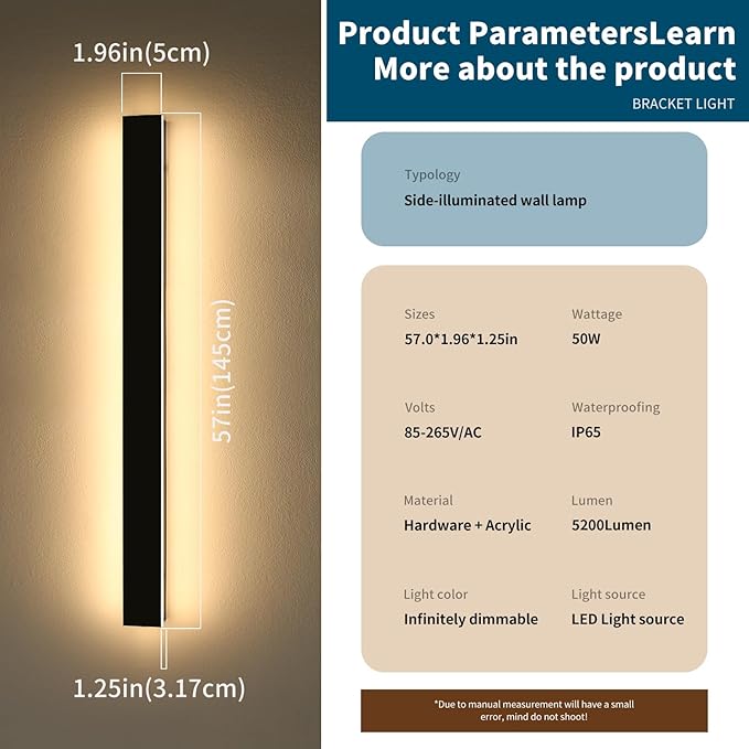 2 Pack 57inch Outdoor Wall Lighting Fixtures, 3000K-6000K Modern Dimmable LED Wall Sconce with Remote Control, IP65 Waterproof, Exterior Linear Wall Light for Yard, House, Patio, Garden