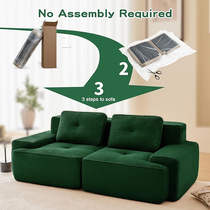 80" Modern Compressed Boneless Love Seat Couches, 2 Seater Large Sectional Couches for Living Room, Green Corduroy Cloud Modular Sectional Sofa, Memory Foam, Extra Deep Loveseat, No Assembly