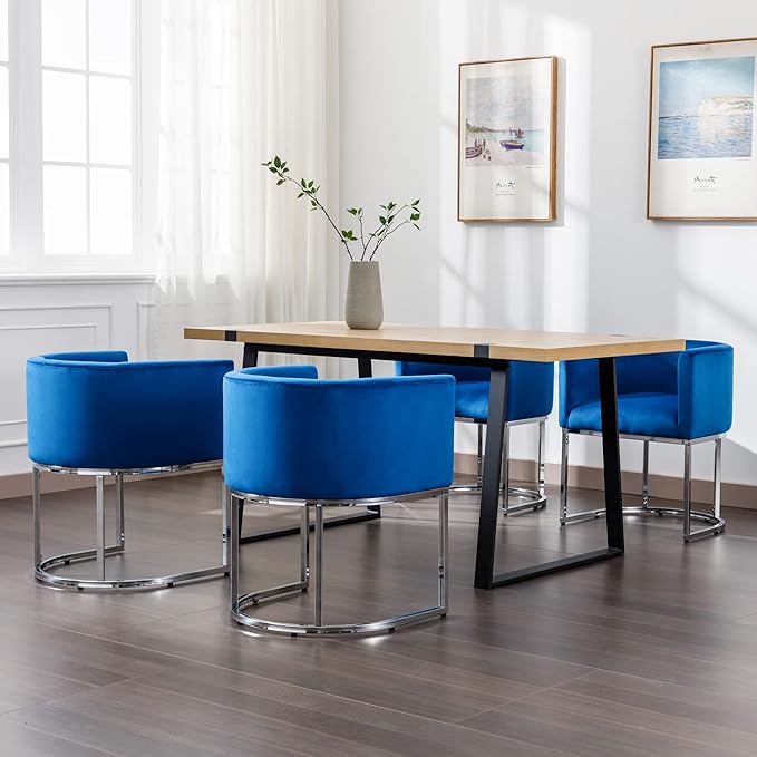 Velvet Dining Chairs Set of 4 Modern Barrel Arm Chairs with Chrome Metal Frame, Upholstered Kitchen Chairs 18.5" Wide Accent Chairs for Living Room Dining Room Restaurant, Blue
