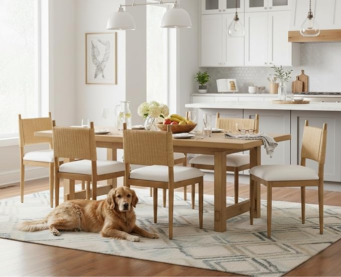 CIMOTA Modern Dining Chairs Set of 6, Mid Century Upholstered Dining Room Chairs with Woven Back, Armless Kitchen Chairs with Natural Solid Wood Legs, Linen Beige
