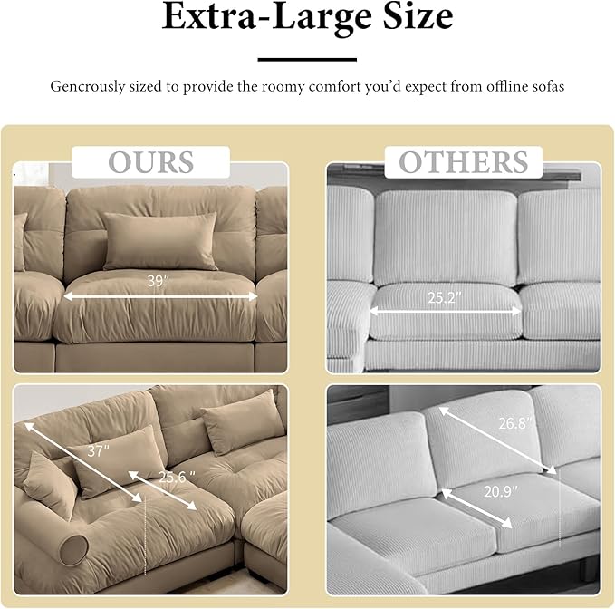 166" Oversized Camel Velvet Cloud Couch - 4 Seater Modular Sectional Sofa with 6 Pillows, Deep Seat for Living Room