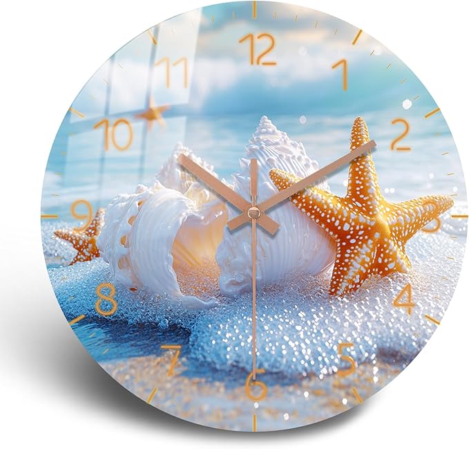 Large Coastal Wall Clock 16 inch Modern Beach Wall Clock Wooden Silent Analog Clock for Office, Living Room Decor Battery Operated