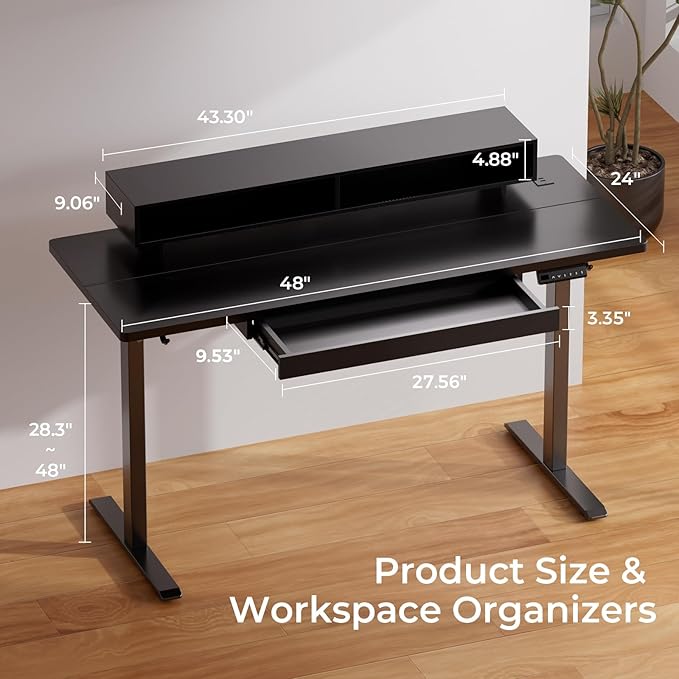 GTPLAYER Electric Standing Desk with Drawers, 48 x 24 Inch Height Adjustable Gaming Desk with Monitor Stand, Power Outlets & LED Lights, Home Office Sit Stand Up Desk with Memory Preset (Ebony Black)