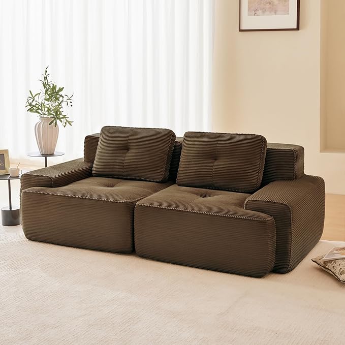 80" Modern Compressed Boneless Love Seat Couches, 2 Seater Large Sectional Couches for Living Room, Brown Corduroy Cloud Modular Sectional Sofa, Memory Foam, Extra Deep Loveseat, No Assembly