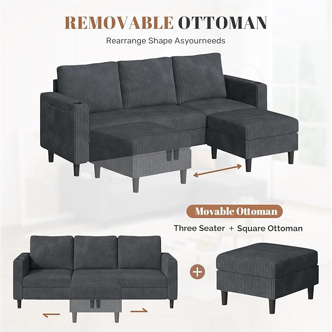 Upholstered Sectional Sofa and Couches, 78'' L Shaped 3-seat Sofa for Living Room, Apartment, Lounge,Bedroom-Washable Covers Convertible Sofas(Corduroy, Dark Gary)