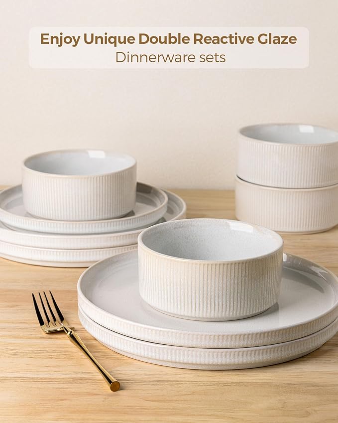 GBHOME Stoneware Dinnerware Sets for 4, Round Reactive Glaze Ceramic Plates and Bowls Set, Highly Scratch Resistant | Dishwasher & Microwave Safe ，Service for 4(12Pcs),Sugar White