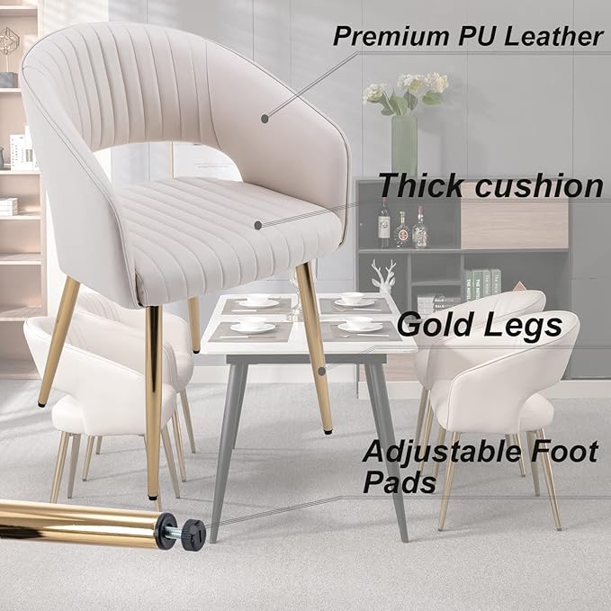 Modern Dining Chairs Set of 6, Upholstered PU Leather Gold Dining Room Chairs with Hollow Back, Accent Armrest Kitchen Chairs with Gold Legs for Living Room Cream