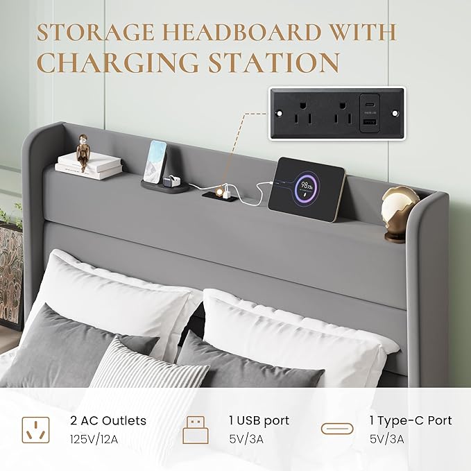 SHA CERLIN Queen Bed Frame with Charging Station, Velvet Upholstered Platform Bed, Wingback Storage Headboard, Type-C & USB Ports, Strong Wooden Slats, No Box Spring Needed, Easy Assembly, Grey