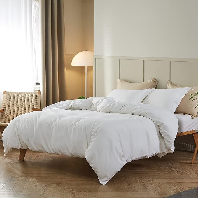 Simple&Opulence French Linen Duvet Cover Set 104"x 92"- 5 Pieces (1 Comforter Cover,4 Pillowcases)-Natural Flax Cotton Blend-Solid Color Breathable Farmhouse Bedding-Off White, King