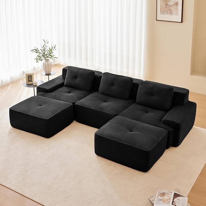 Black Ottoman for Modular Sectional Sofa, Corduroy Deep Seat for Oversized Compressed Boneless Sectional Couches for Living Room Bedroom Apartment, Cloud Sofa Couch, Memory Foam, No Assembly