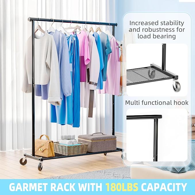 Clothes Rack with Wheels, Clothing Rack for Hanging Clothes, Rolling Garment Rack Sturdy Coat Rack Portable Wardrobe Rack Metal Closet Rack for Bedroom, Laundry Living Room, Black