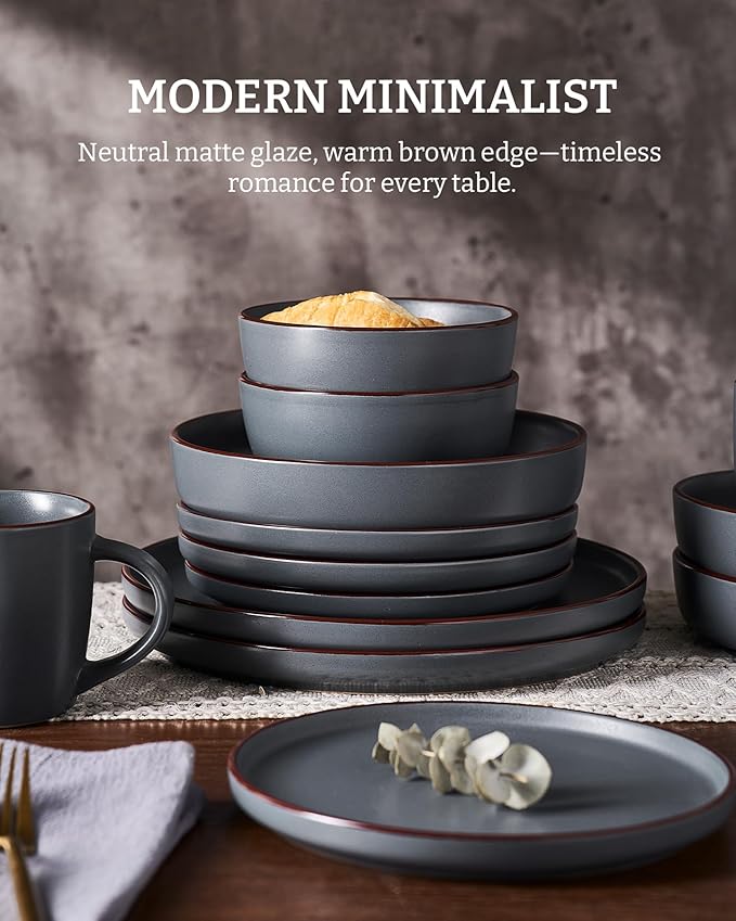 Famiware Mercury Dinnerware Sets with Mugs, Service for 6 (24 Pieces), Stoneware Plates and Bowls Sets, Microwave and Dishwasher Safe Dishes Set, Charcoal