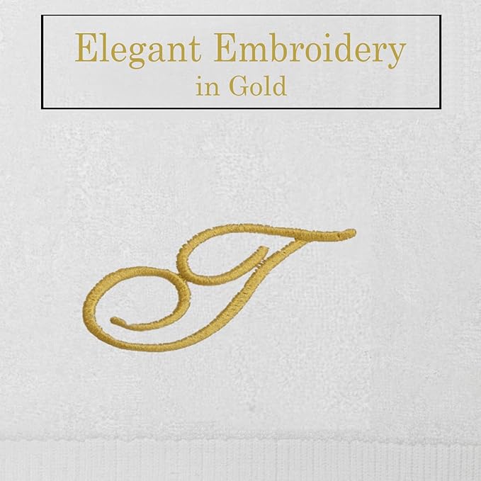 White Monogrammed Hand Towels for Bathroom - Luxury Hotel Quality Personalized Initial Embroidered Towel for Powder Room, Spa - GOTS Organic Certified - Set of 2 Gold Letter T