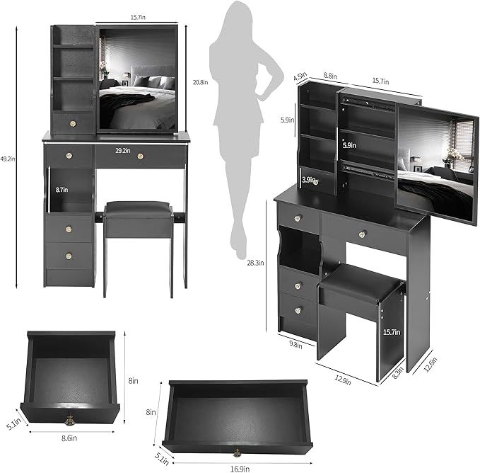 Small Makeup Vanity Desk with Storage Drawer, Compact Vanity Table Set with Mirror and Drawers, Solid Dressing Table Set with Chair, Compact Space Storage Shelves for Bedroom, Black