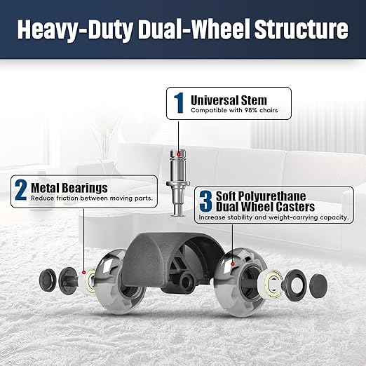 Office Chair Wheels 2" Desk Chair Caster Wheels Smooth Roller Style Quiet for Carpet and Hardwood Floors Universal Fit 11x22 mm Set of 5 Light Grey
