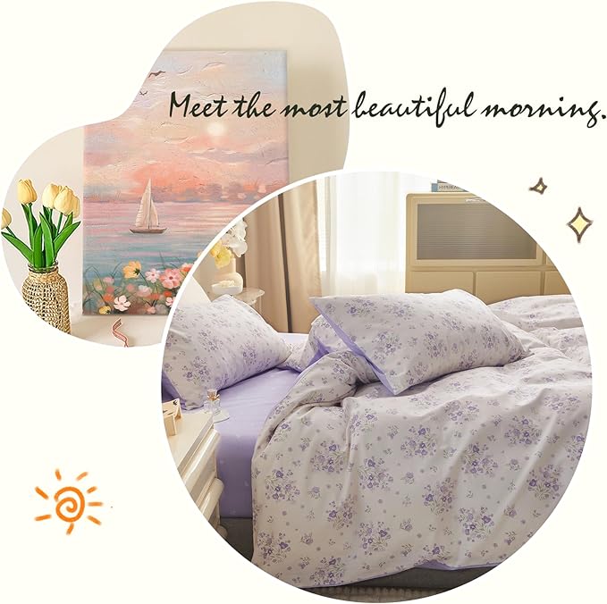 Purple Flower Duvet Cover Twin Soft Cotton Girls Floral Duvet Cover Garden Style Lavender Comforter Cover Vintage Purple Floral Bedding Set Aesthetic Botanical Comforter Cover with 2 Pillowcases