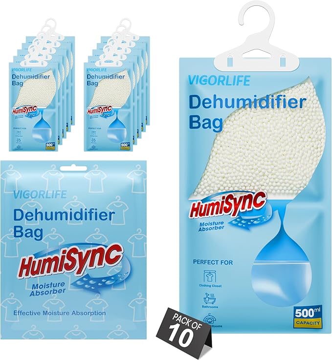 Moisture Absorbers Packets 9.8 OZ, Hanging Closet Dehumidifier Bags, Portable Humidity Absorber in Wardrobes, Bathrooms, Closet, Bedrooms, Attract and Trap Excess Moisture, Desiccant 10 Pack (Blue)