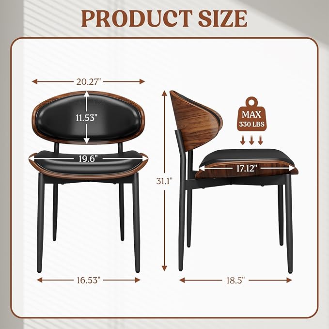 Dining Chairs Set of 6, Mid-Century Modern Upholstered PU Leather Chairs with Walnut Bentwood Back and Metal Legs Adjustable Feet for Kitchen Dining Room, Black PU