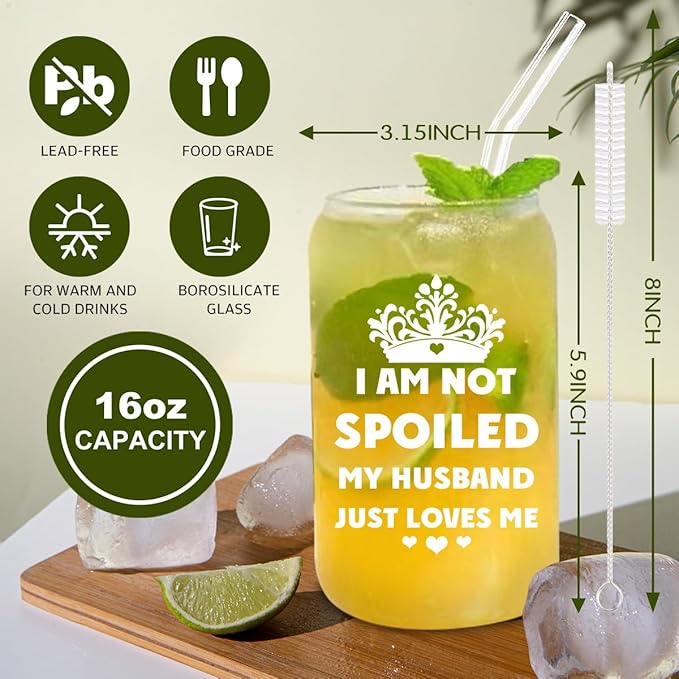 16oz Glass Cup with Lid and Straw - Perfect Wife Gifts for Anniversaries, Birthdays, or Christmas