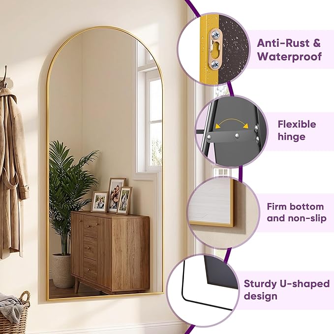 Full Length Mirror, 71"x28" Arched Floor Mirror Freestanding, Floor Standing Full Body Mirror with Stand for Bedroom, Hanging Mounted for Living Room Cloakroom, Gold