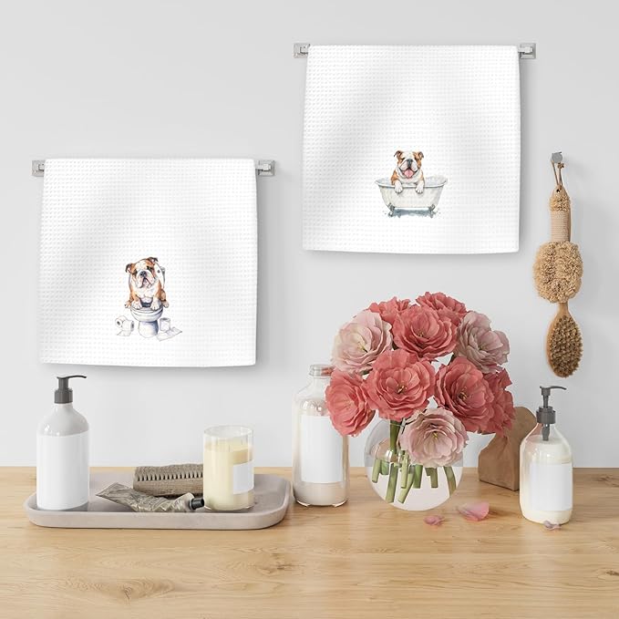 Funny English Bulldog Dog Hand Towels Set of 2, Gifts for English Bulldog Dog Owners Lovers, Puppy Pet Decor for Bathroom, Pet Lovers Gifts Toilet Hand Towels for Bathroom Washroom, 16x24In