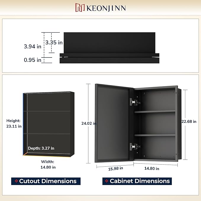 Keonjinn 16" x 24" Black Medicine Cabinets for Bathroom with Mirror Recessed or Surface Wall-Mounted Aluminum Alloy Framed Beveled Mirror, Single Door Metal Bathroom Vanity Mirror with Storage Cabinet