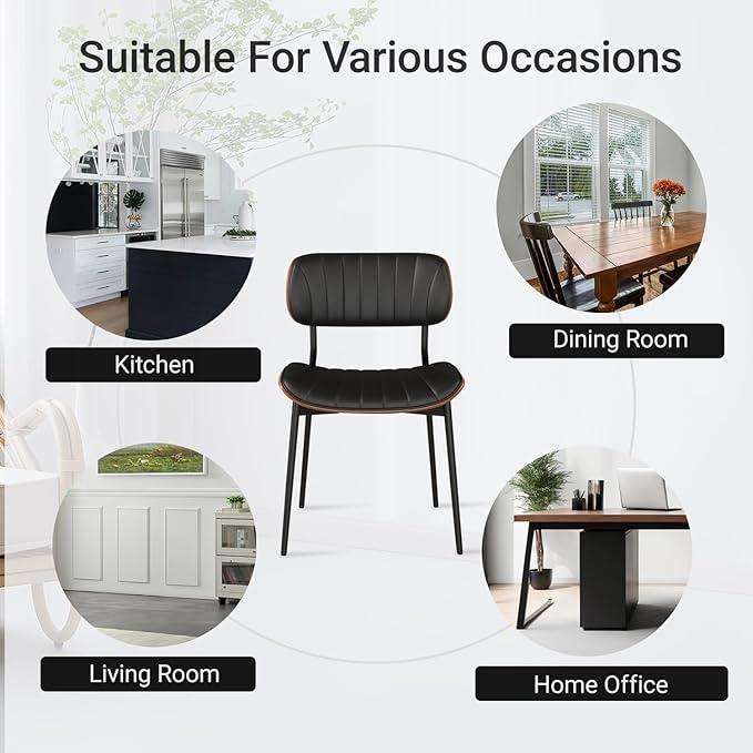 Mid Century Modern Dining Chairs Set of 4,Upholstered Faux Leather Kitchen Chairs with Walnut Bentwood Back and Metal Legs for Kitchen Dining Room Living Room, Black