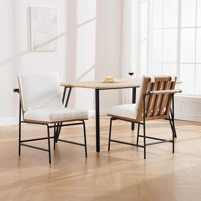 HEAH-YO Modern Dining Chairs Set of 4, Upholstered Sherpa Dining Room Chairs with Backrests, Armless Kitchen Chair for Dining Room, Fur White