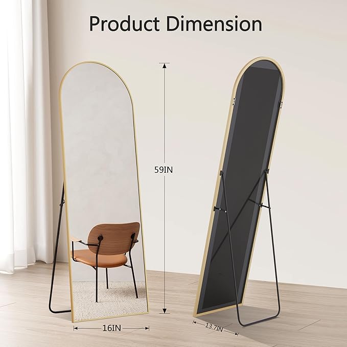 Arched Mirror Full Length, 59"x16" Body Mirrors with Shatter-Proof Glass, Mirror Full Length for Home Decor, Arch Aluminum Frame Mirrors for Bedroom Bathroom, Gold