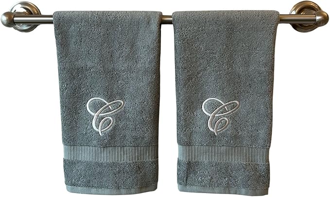 Gray Monogrammed Hand Towels for Bathroom - Luxury Hotel Quality Personalized Initial Embroidered Towel for Powder Room, Spa - GOTS Organic Certified - Set of 2 Silver Letter C