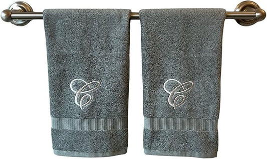 Gray Monogrammed Hand Towels for Bathroom - Luxury Hotel Quality Personalized Initial Embroidered Towel for Powder Room, Spa - GOTS Organic Certified - Set of 2 Silver Letter C