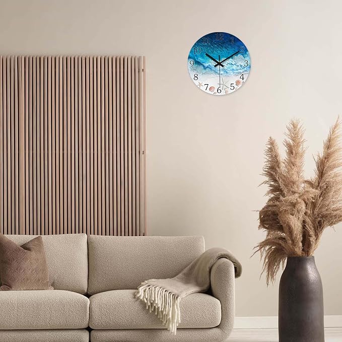 XNM Beach Small Wall Clocks Battery Operated 12 Inch Blue Round Costal Wall Clock for Kitchen Quiet Wall Clock Modern