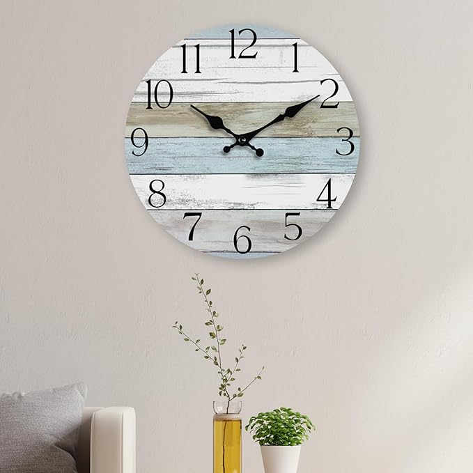 HYLANDA Wall Clock, 14 Inch Wall Clocks Battery Operated Silent Non Ticking, Large Wooden Clocks Decorative for Kitchen, Bathroom, Bedroom, Living Room Blue White